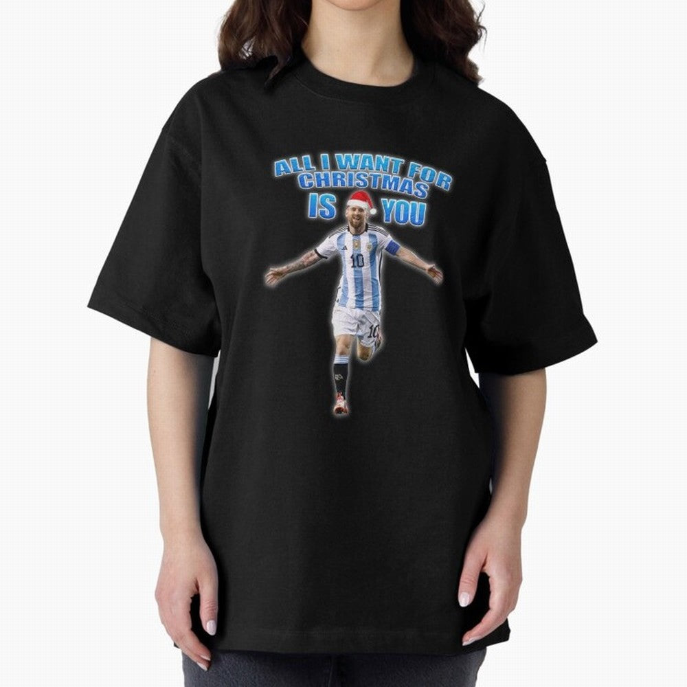 Lionel Messi Christmas Santa Claus Football Gift Oversized T-Shirt Honor the Beautiful Game during Global Football Passion for FIFA World Cup 2026 USA Canada Mexico, Driven by CR7 and Messi, Spain, Soccer Culture, Superstar Moments, National Team
