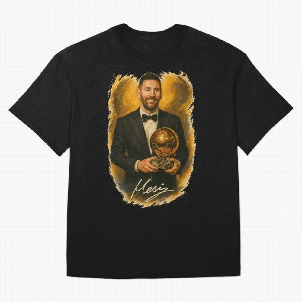 Lionel Messi Ballon d'Or Portrait ¨C Football Legend in Tuxedo Holding Trophy Classic T-Shirt Capture Stadium Memories from Match Day Hype around FIFA World Cup 2026 USA Canada Mexico, Neymar, Haaland and Cristiano Ronaldo, France and Portugal,