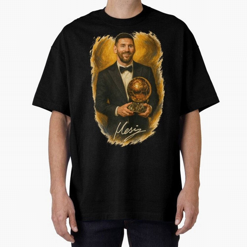 Lionel Messi Ballon d'Or Portrait ¨C Football Legend in Tuxedo Holding Trophy Classic T-Shirt Capture Stadium Memories from Match Day Hype around FIFA World Cup 2026 USA Canada Mexico, Neymar, Haaland and Cristiano Ronaldo, France and Portugal,