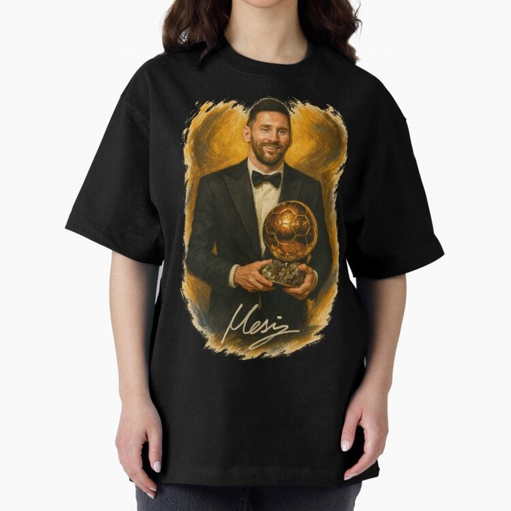 Lionel Messi Ballon d'Or Portrait ¨C Football Legend in Tuxedo Holding Trophy Classic T-Shirt Capture Stadium Memories from Match Day Hype around FIFA World Cup 2026 USA Canada Mexico, Neymar, Haaland and Cristiano Ronaldo, France and Portugal,