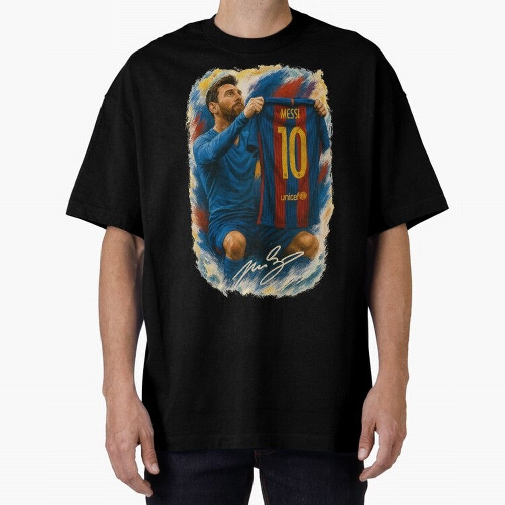 Messi Shirt Celebration Poster ¨C Iconic FC Barcelona Number 10 Artwork Oversized T-Shirt Cheer for the FIFA World Cup 2026 Journey through Messi, Neymar and Mbappe Highlights, Argentina and Brazil Pride, Football History, Final Match Energy, Crowd