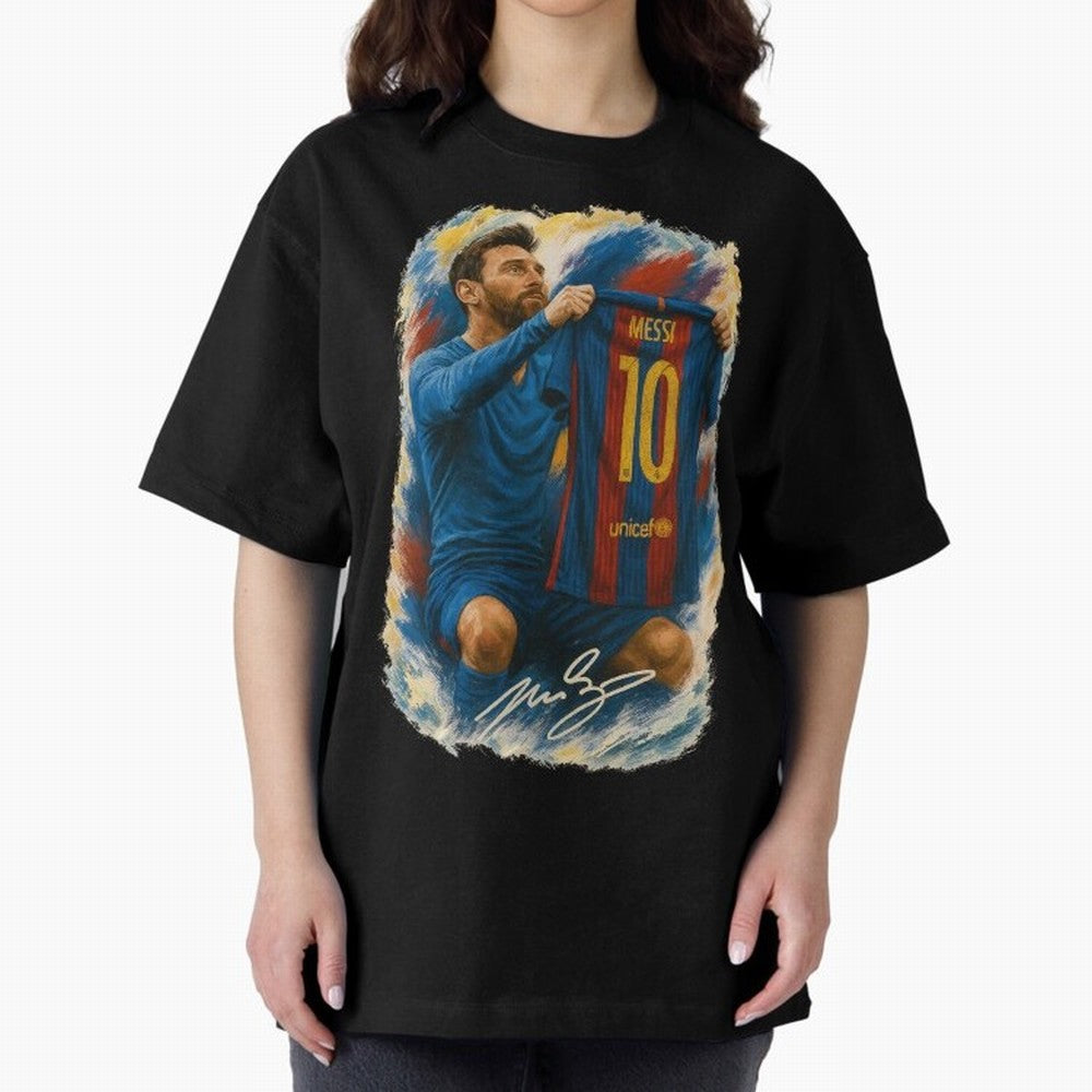 Messi Shirt Celebration Poster ¨C Iconic FC Barcelona Number 10 Artwork Oversized T-Shirt Cheer for the FIFA World Cup 2026 Journey through Messi, Neymar and Mbappe Highlights, Argentina and Brazil Pride, Football History, Final Match Energy, Crowd