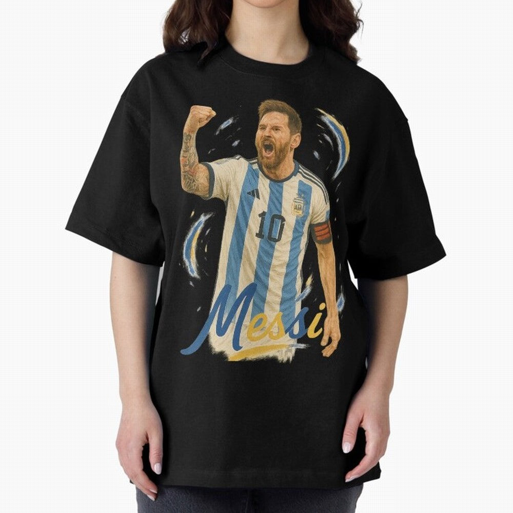Lionel Messi Argentina Art ¨C Iconic World Cup Champion Tribute Design	 Oversized T-Shirt Bring Champion Energy into the FIFA World Cup 2026 Group Stage Journey through Cristiano Ronaldo Highlights, Argentina Pride, Soccer Culture, Superstar