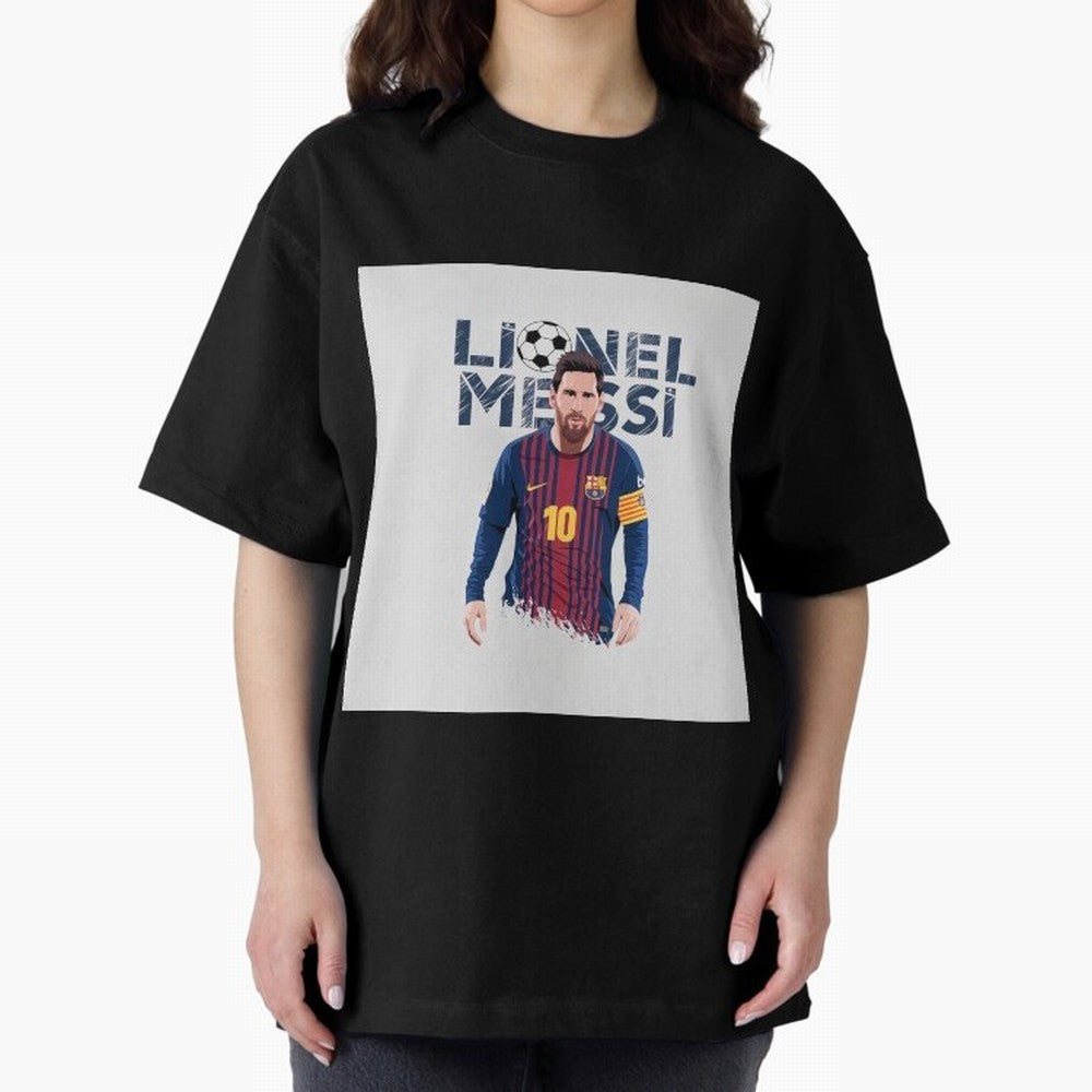 Stylized Lionel Messi Barcelona Illustration ¨C Iconic Football Artwork Oversized T-Shirt Support FIFA World Cup 2026 for Fans of CR7 and Messi and Portugal, Spain and Germany, Bringing Football History, Final Match Energy, Crowd Noise and Once in
