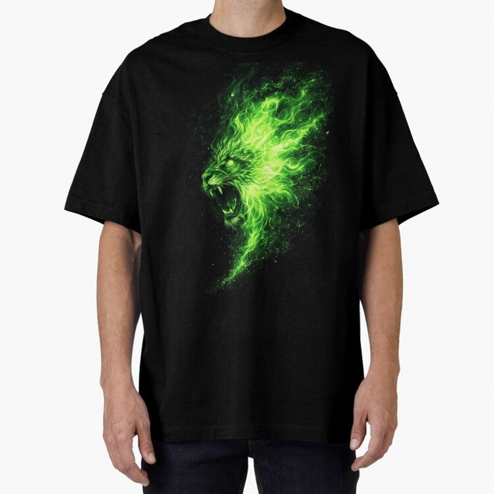 Neon Green Flame Lion ¨C Glowing Fire Roar Beast Graphic | Dark Aesthetic Streetwear Design Graphic T-Shirt Fuel the Hype around FIFA World Cup 2026 for Fans of Cristiano Ronaldo, Haaland and CR7 and Germany, Bringing Championship Spirit, Famous