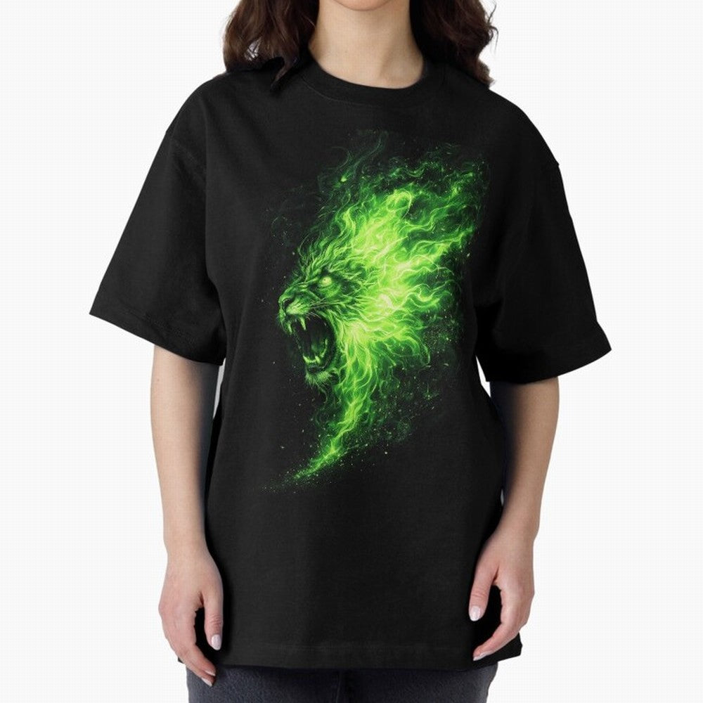 Neon Green Flame Lion ¨C Glowing Fire Roar Beast Graphic | Dark Aesthetic Streetwear Design Graphic T-Shirt Fuel the Hype around FIFA World Cup 2026 for Fans of Cristiano Ronaldo, Haaland and CR7 and Germany, Bringing Championship Spirit, Famous