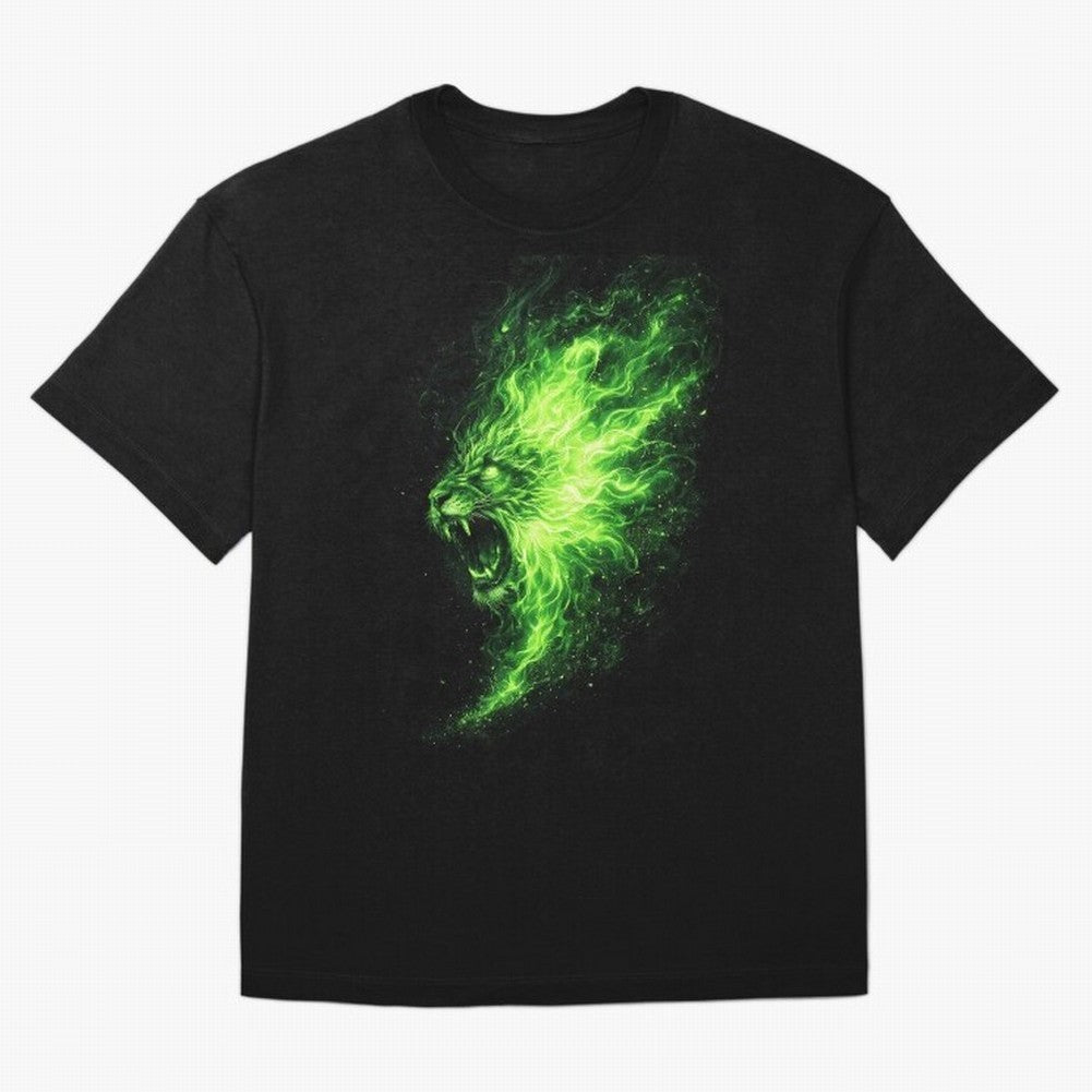 Neon Green Flame Lion ¨C Glowing Fire Roar Beast Graphic | Dark Aesthetic Streetwear Design Graphic T-Shirt Fuel the Hype around FIFA World Cup 2026 for Fans of Cristiano Ronaldo, Haaland and CR7 and Germany, Bringing Championship Spirit, Famous