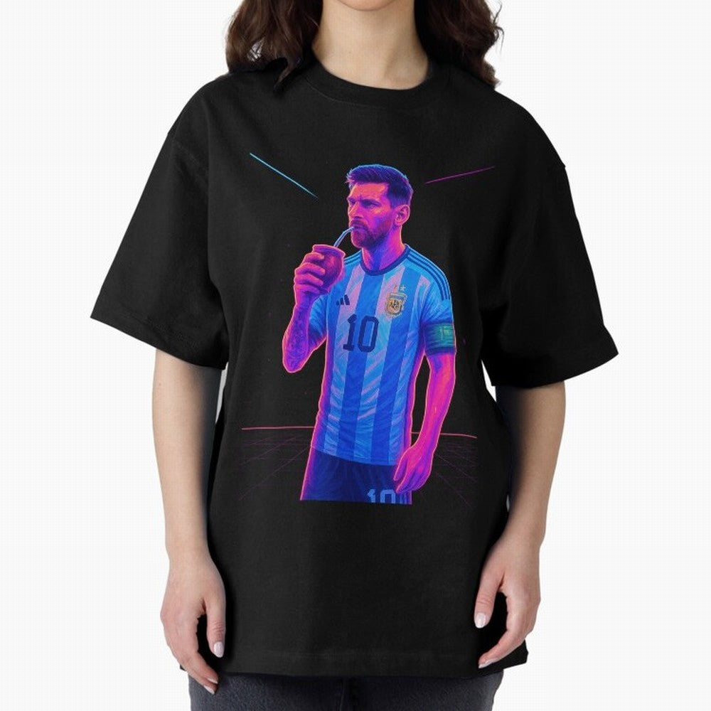 Messi The Goat Art Neon Synthwave Cyberpunk ¨C Retro Futuristic Classic T-Shirt Keep the Legacy of Match Day Hype around FIFA World Cup 2026, Haaland and Mbappe, Spain, Football History, Final Match Energy, Crowd Noise and Once in a Lifetime