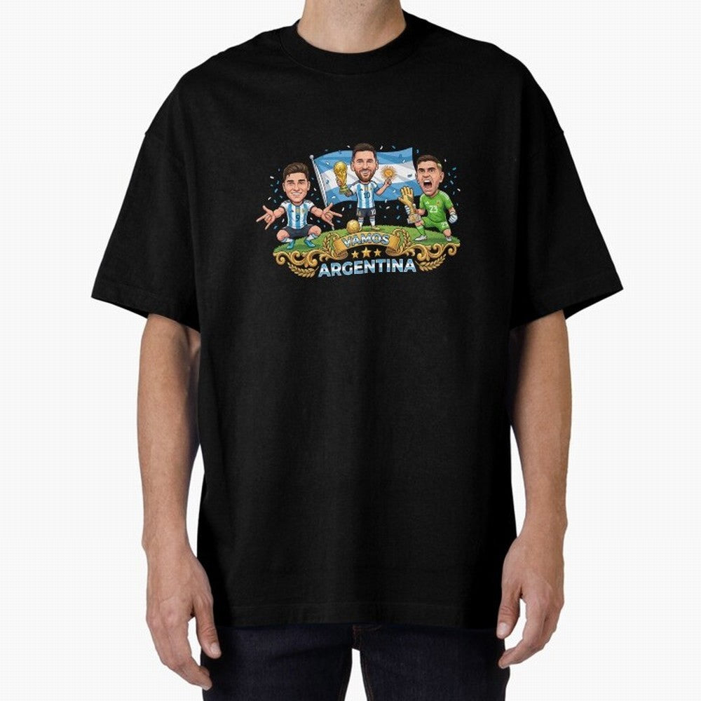 Argentina World Champions Messi Cartoon Classic T-Shirt Discover the FIFA World Cup 2026 USA Canada Mexico Journey through Messi, Neymar and Mbappe Highlights, Argentina and Brazil Pride, Vintage Soccer Flavor, Modern Football Stars, National Flags