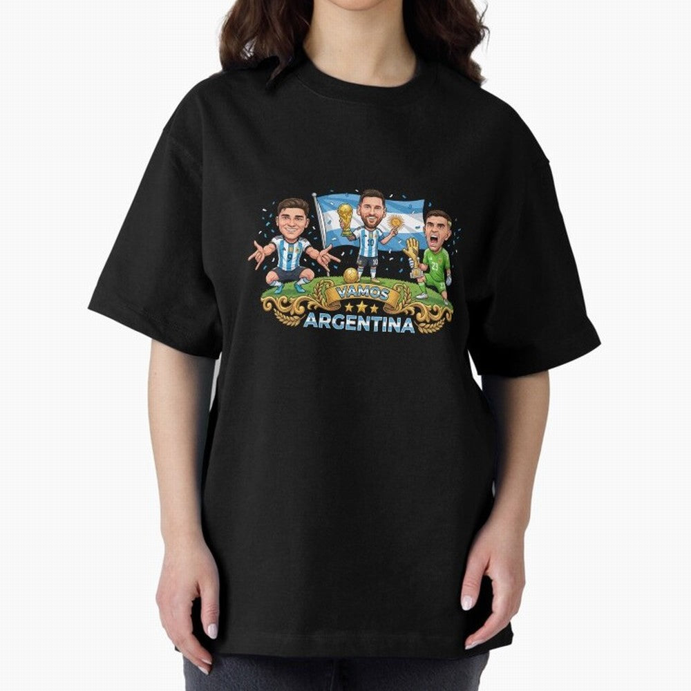 Argentina World Champions Messi Cartoon Classic T-Shirt Discover the FIFA World Cup 2026 USA Canada Mexico Journey through Messi, Neymar and Mbappe Highlights, Argentina and Brazil Pride, Vintage Soccer Flavor, Modern Football Stars, National Flags