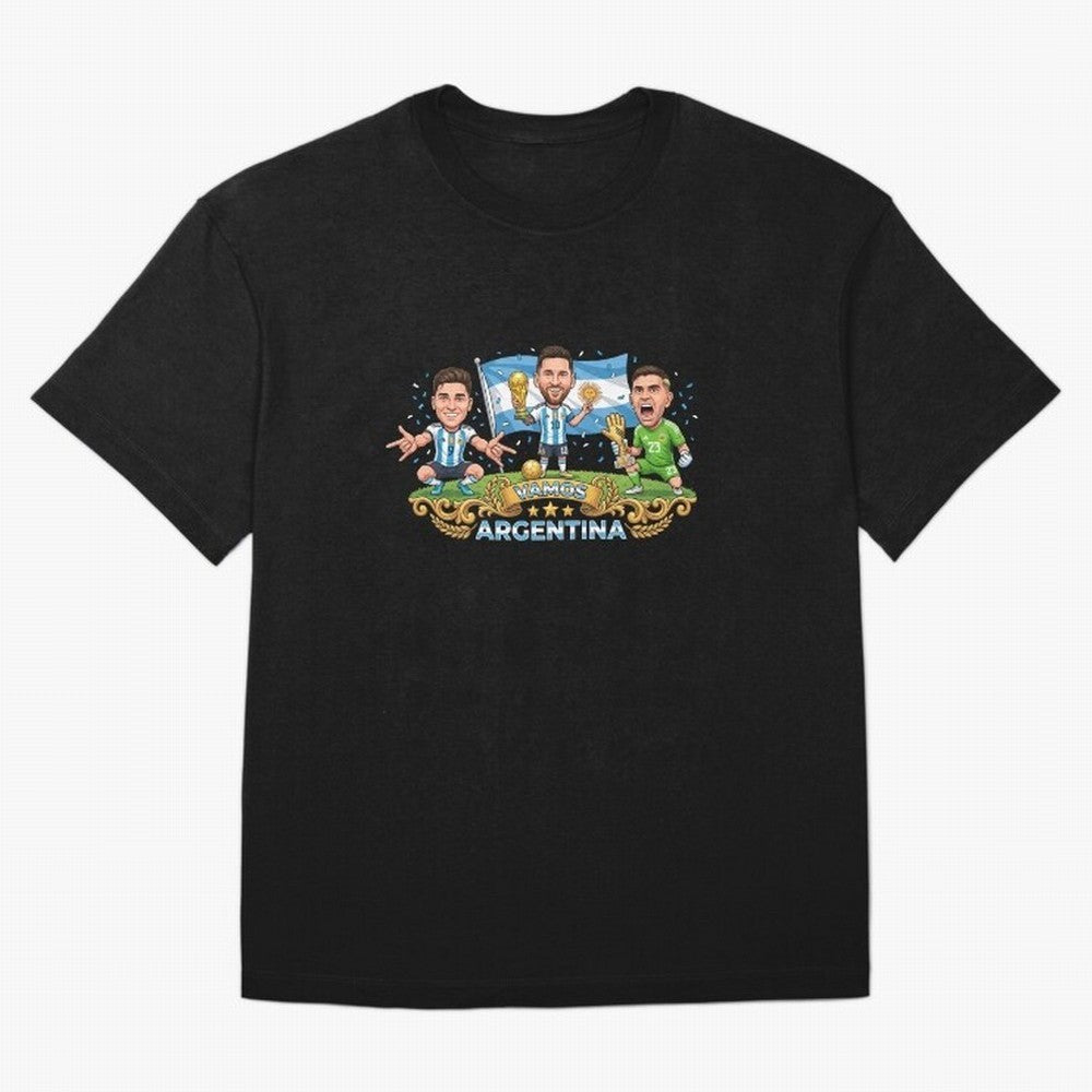 Argentina World Champions Messi Cartoon Classic T-Shirt Discover the FIFA World Cup 2026 USA Canada Mexico Journey through Messi, Neymar and Mbappe Highlights, Argentina and Brazil Pride, Vintage Soccer Flavor, Modern Football Stars, National Flags
