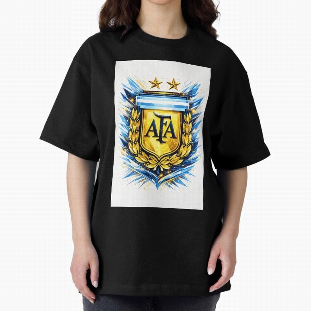 Argentina champions AFA crest gold blue soccer design Oversized T-Shirt Show Your Stadium Side during FIFA World Cup 2026 Group Stage Inspired by Mbappe, Spain and Netherlands Energy, Match Day Excitement, Supporter Culture, Golden Goals and Global