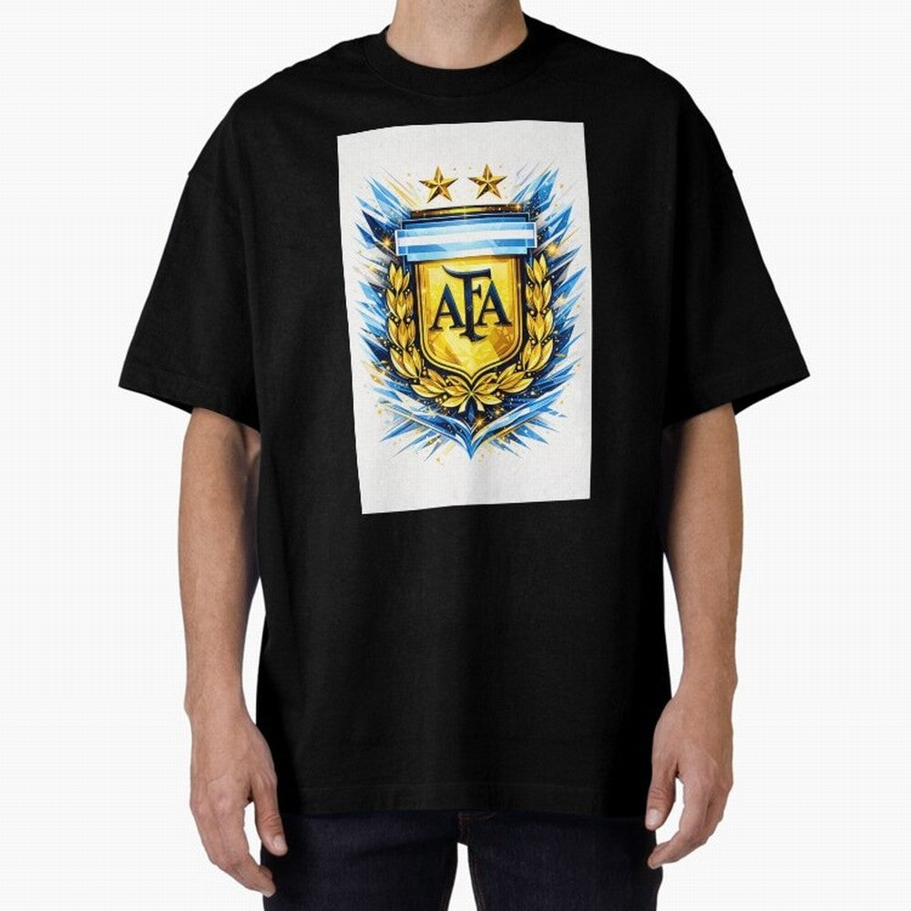 Argentina champions AFA crest gold blue soccer design Oversized T-Shirt Show Your Stadium Side during FIFA World Cup 2026 Group Stage Inspired by Mbappe, Spain and Netherlands Energy, Match Day Excitement, Supporter Culture, Golden Goals and Global