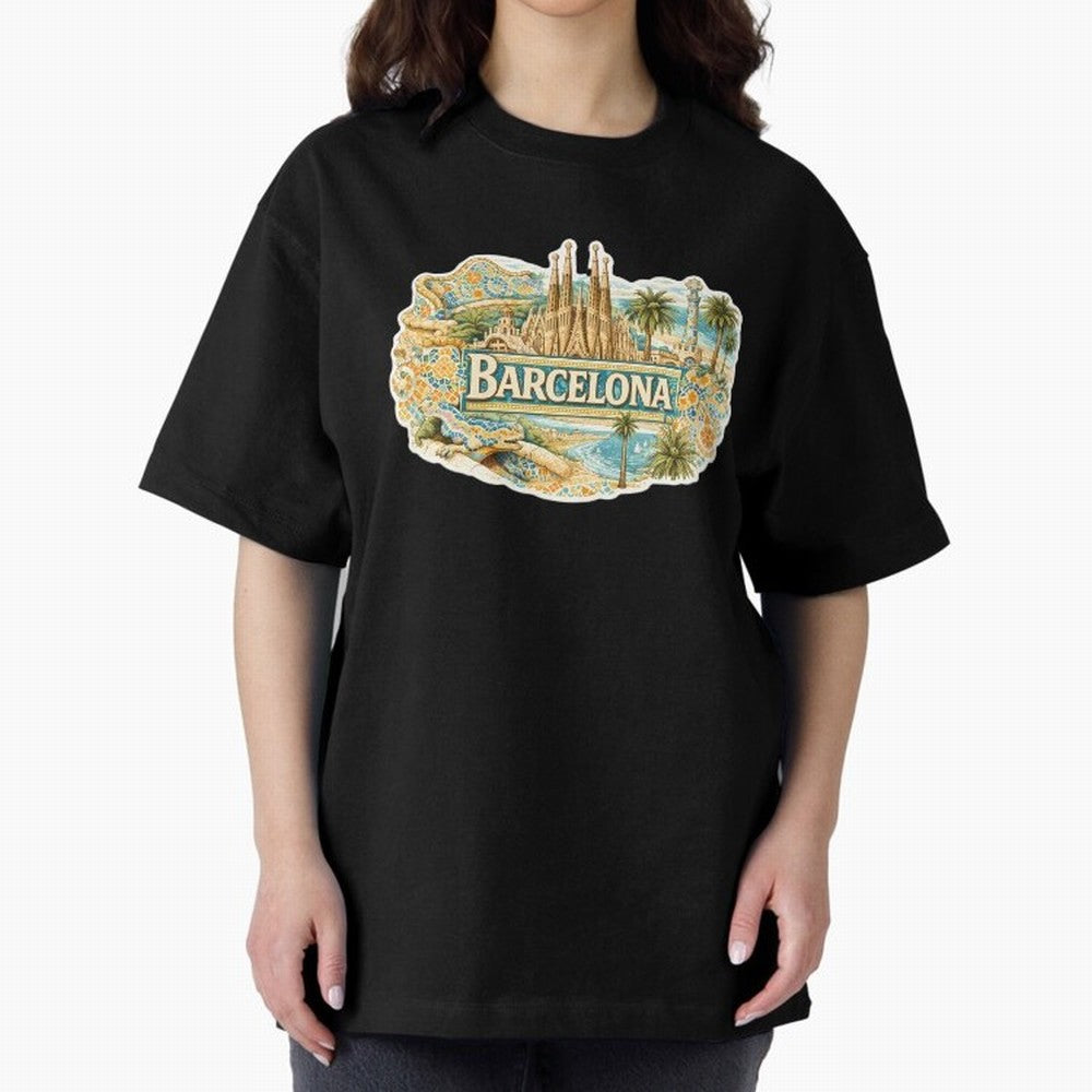 Barcelona Souvenir Sagrada Familia and Mosaic Design Oversized T-Shirt Celebrate Global Passion for Global Football Passion for FIFA World Cup 2026 Group Stage, Celebrating CR7 and Messi, France and Portugal, Football Festival Excitement, Trophy