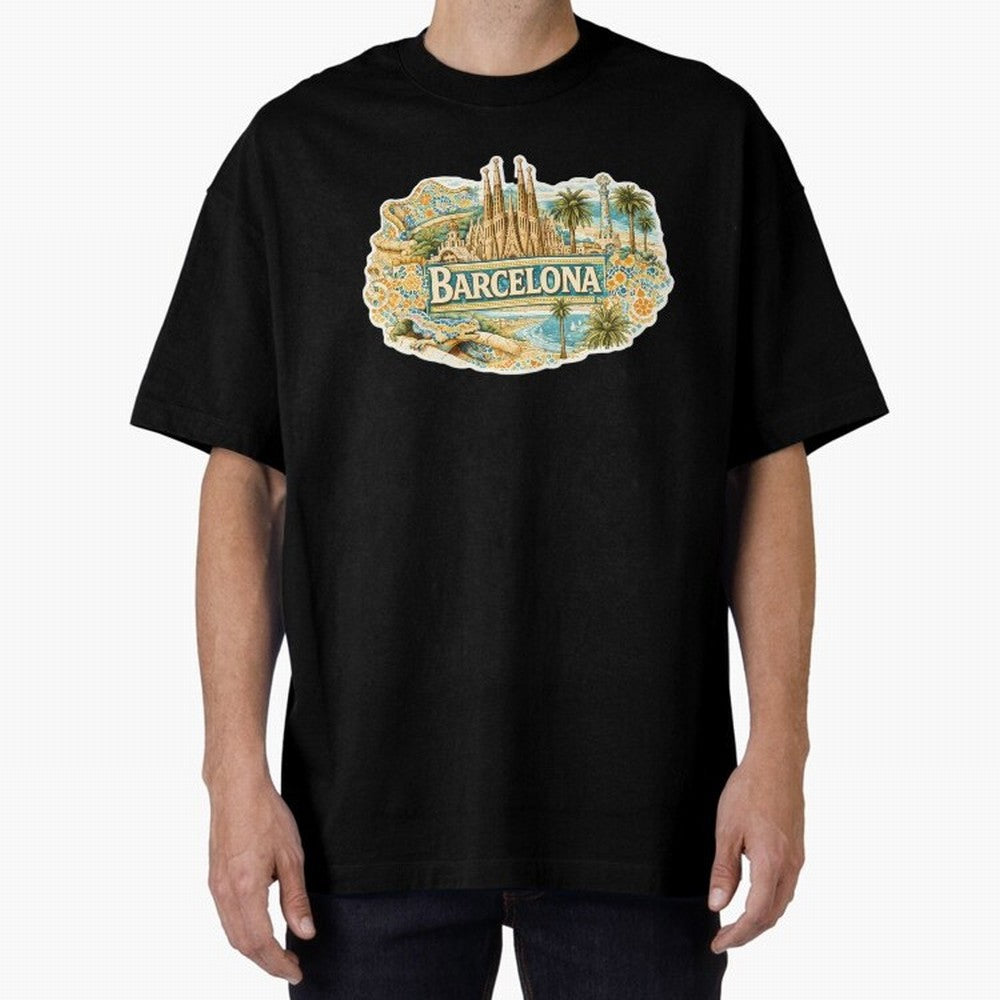Barcelona Souvenir Sagrada Familia and Mosaic Design Oversized T-Shirt Celebrate Global Passion for Global Football Passion for FIFA World Cup 2026 Group Stage, Celebrating CR7 and Messi, France and Portugal, Football Festival Excitement, Trophy