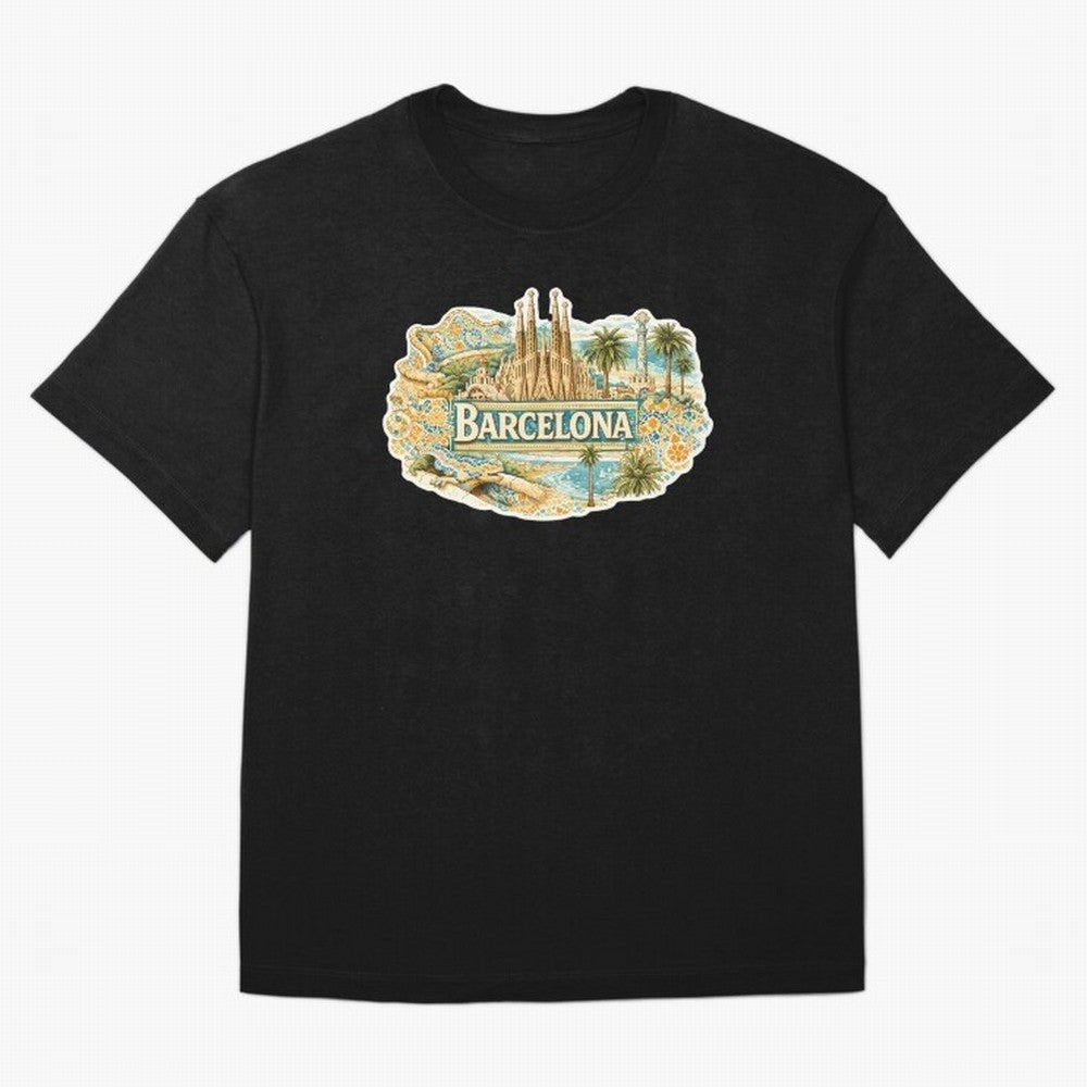 Barcelona Souvenir Sagrada Familia and Mosaic Design Oversized T-Shirt Celebrate Global Passion for Global Football Passion for FIFA World Cup 2026 Group Stage, Celebrating CR7 and Messi, France and Portugal, Football Festival Excitement, Trophy