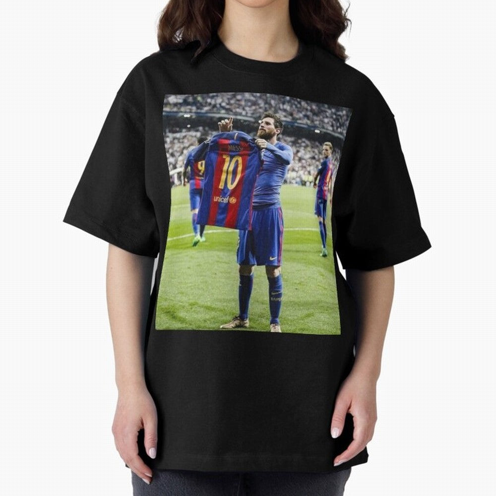 Lional Messi Poster Design Oversized T-Shirt Treasure the FIFA World Cup 2026 USA Canada Mexico Journey through Messi, CR7 and Mbappe Highlights, Spain and Netherlands Pride, Champion Mindset, Group Stage Buzz, Knockout Tension and Passionate Fan