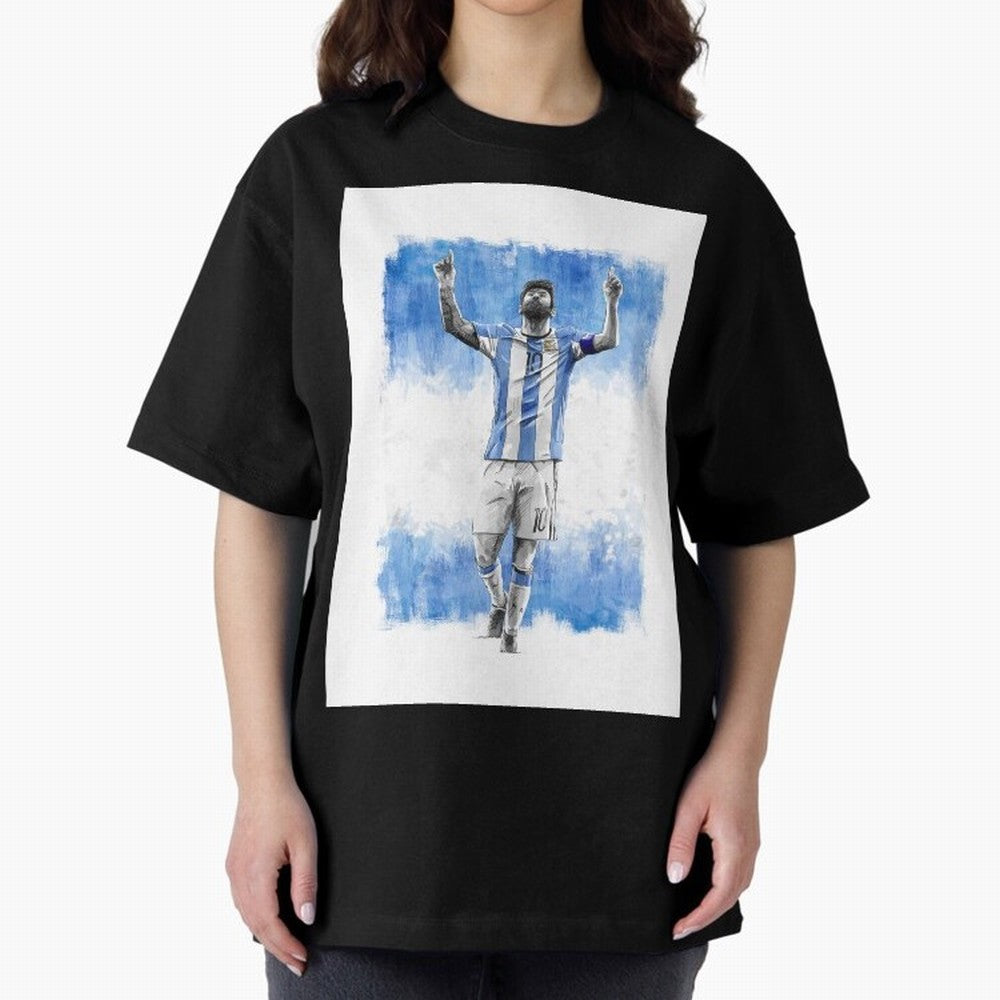 Messi Argentina Football Drawing Oversized T-Shirt Spotlight Global Football Passion for FIFA World Cup 2026 USA Canada Mexico, with Messi and Cristiano Ronaldo, England, France and Netherlands, Soccer Culture, Superstar Moments, National Team