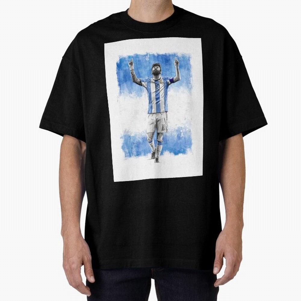 Messi Argentina Football Drawing Oversized T-Shirt Spotlight Global Football Passion for FIFA World Cup 2026 USA Canada Mexico, with Messi and Cristiano Ronaldo, England, France and Netherlands, Soccer Culture, Superstar Moments, National Team