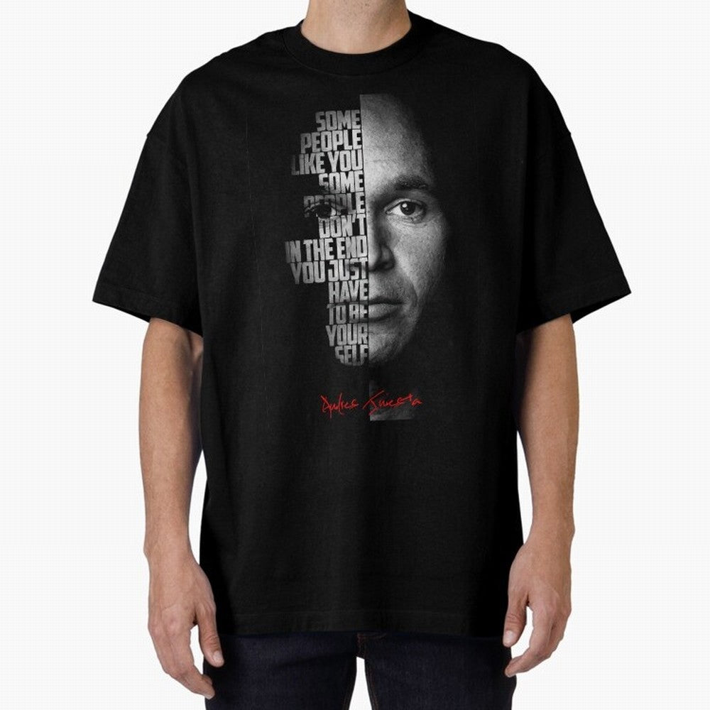 Black and white Andres Iniesta Quote. Oversized T-Shirt Keep Football History Alive during Global Football Passion for FIFA World Cup 2026 Group Stage, Built around Messi, CR7 and Mbappe, Argentina, France and Brazil, Global Supporter Spirit,