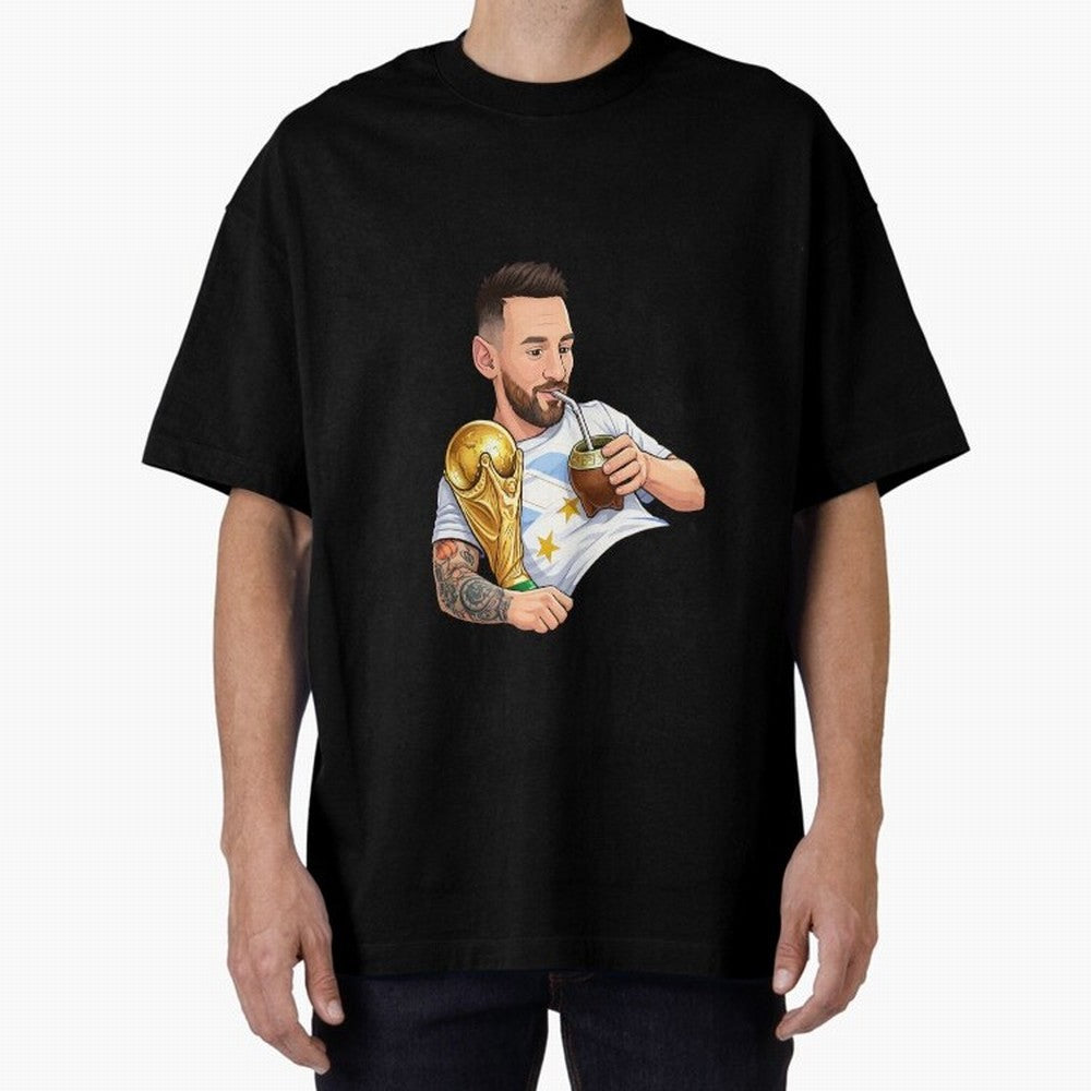 Messi drinking mate and his World Cup trophy Graphic T-Shirt Live for the Drama of Global Football Passion for FIFA World Cup 2026 USA Canada Mexico, Inspired by Haaland and Mbappe, Spain, Football Passion, Legendary Performances, Festival Vibes