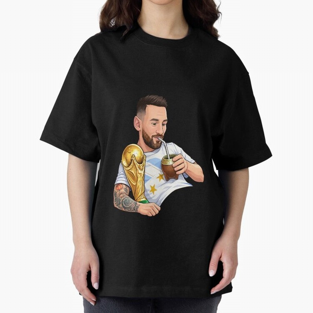 Messi drinking mate and his World Cup trophy Graphic T-Shirt Live for the Drama of Global Football Passion for FIFA World Cup 2026 USA Canada Mexico, Inspired by Haaland and Mbappe, Spain, Football Passion, Legendary Performances, Festival Vibes