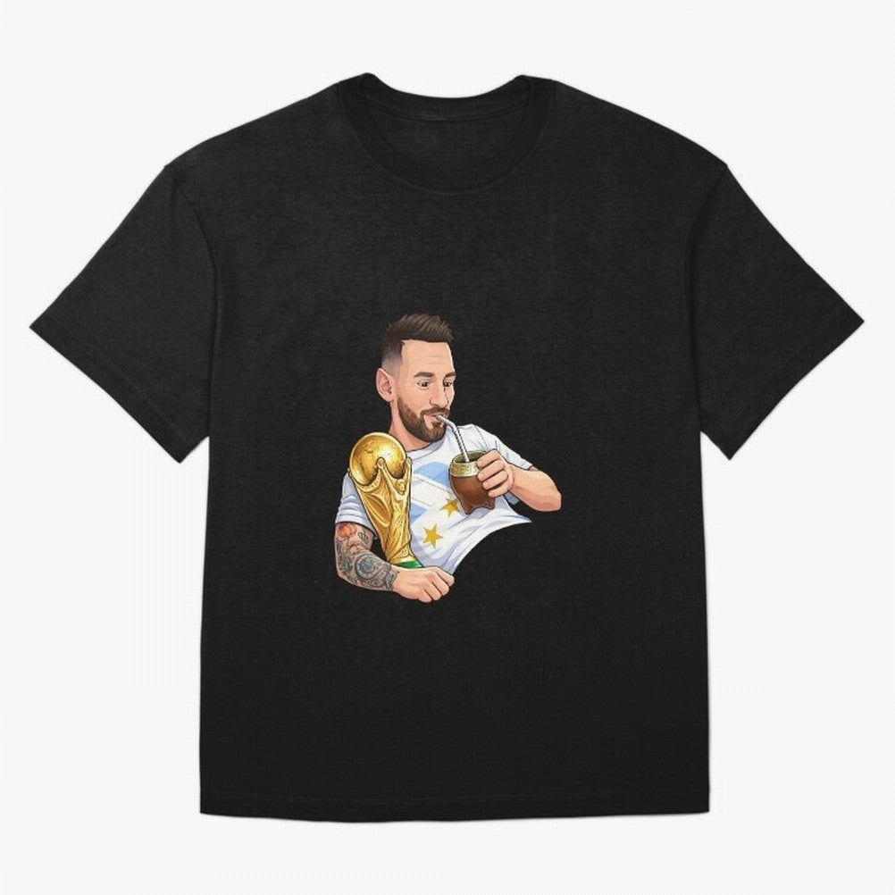 Messi drinking mate and his World Cup trophy Graphic T-Shirt Live for the Drama of Global Football Passion for FIFA World Cup 2026 USA Canada Mexico, Inspired by Haaland and Mbappe, Spain, Football Passion, Legendary Performances, Festival Vibes