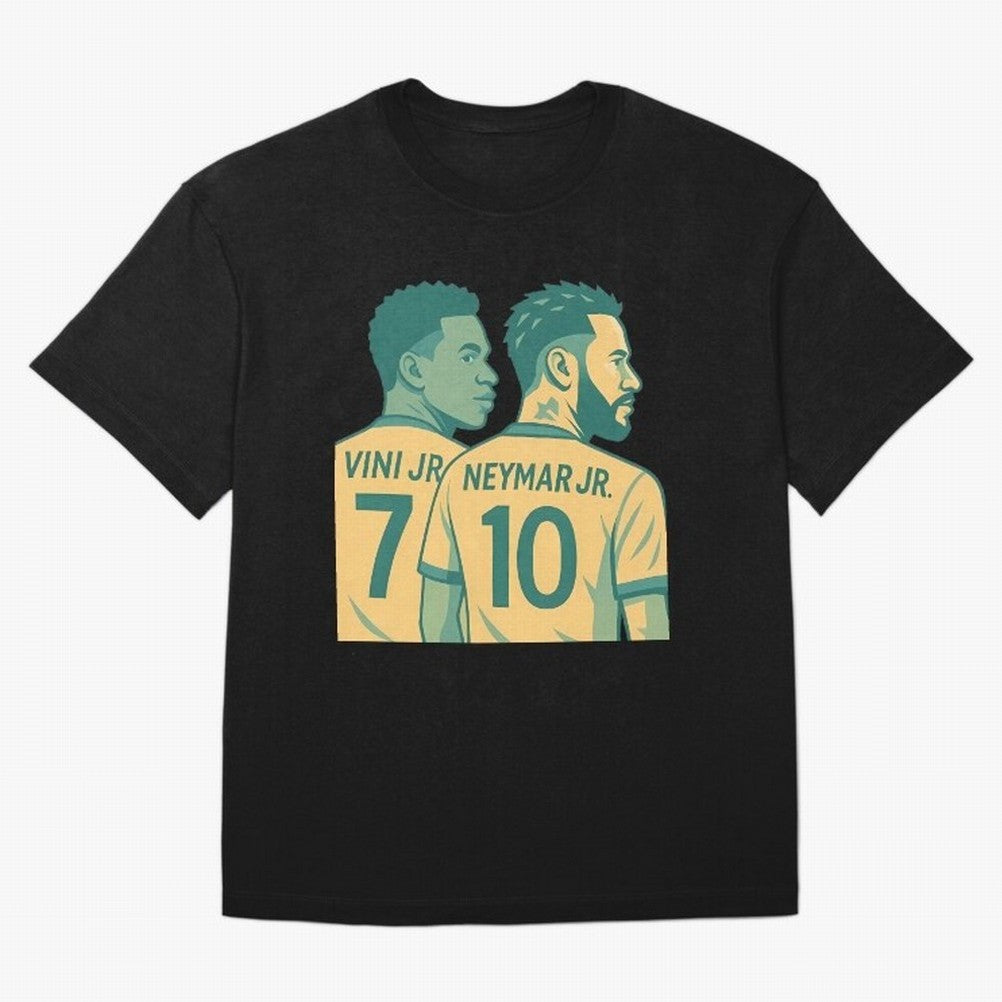 Vini Jr and Neymar Jr side-by-side Classic T-Shirt Celebrate Soccer Greatness during Match Day Hype around FIFA World Cup 2026, Messi, Brazil, Vintage Soccer Flavor, Modern Football Stars, National Flags and Final Night Emotion; Made for Collectors