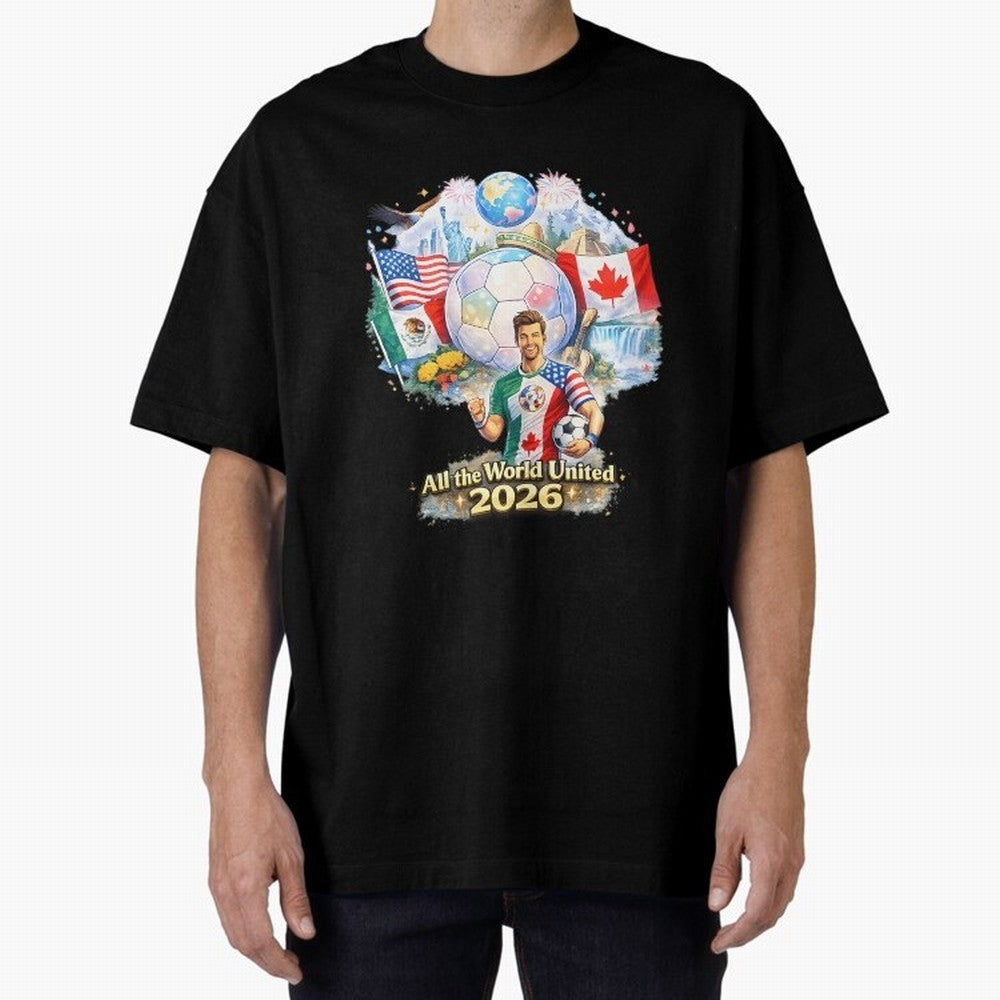 All The World United 2026 Football Classic T-Shirt Cheer for Global Football Passion for FIFA World Cup 2026 USA Canada Mexico, Centered on Messi, Neymar and Mbappe, Brazil, Portugal and Argentina, Retro Football Energy, Iconic Rivalries, Trophy