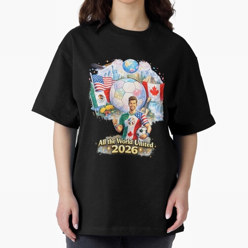All The World United 2026 Football Classic T-Shirt Cheer for Global Football Passion for FIFA World Cup 2026 USA Canada Mexico, Centered on Messi, Neymar and Mbappe, Brazil, Portugal and Argentina, Retro Football Energy, Iconic Rivalries, Trophy