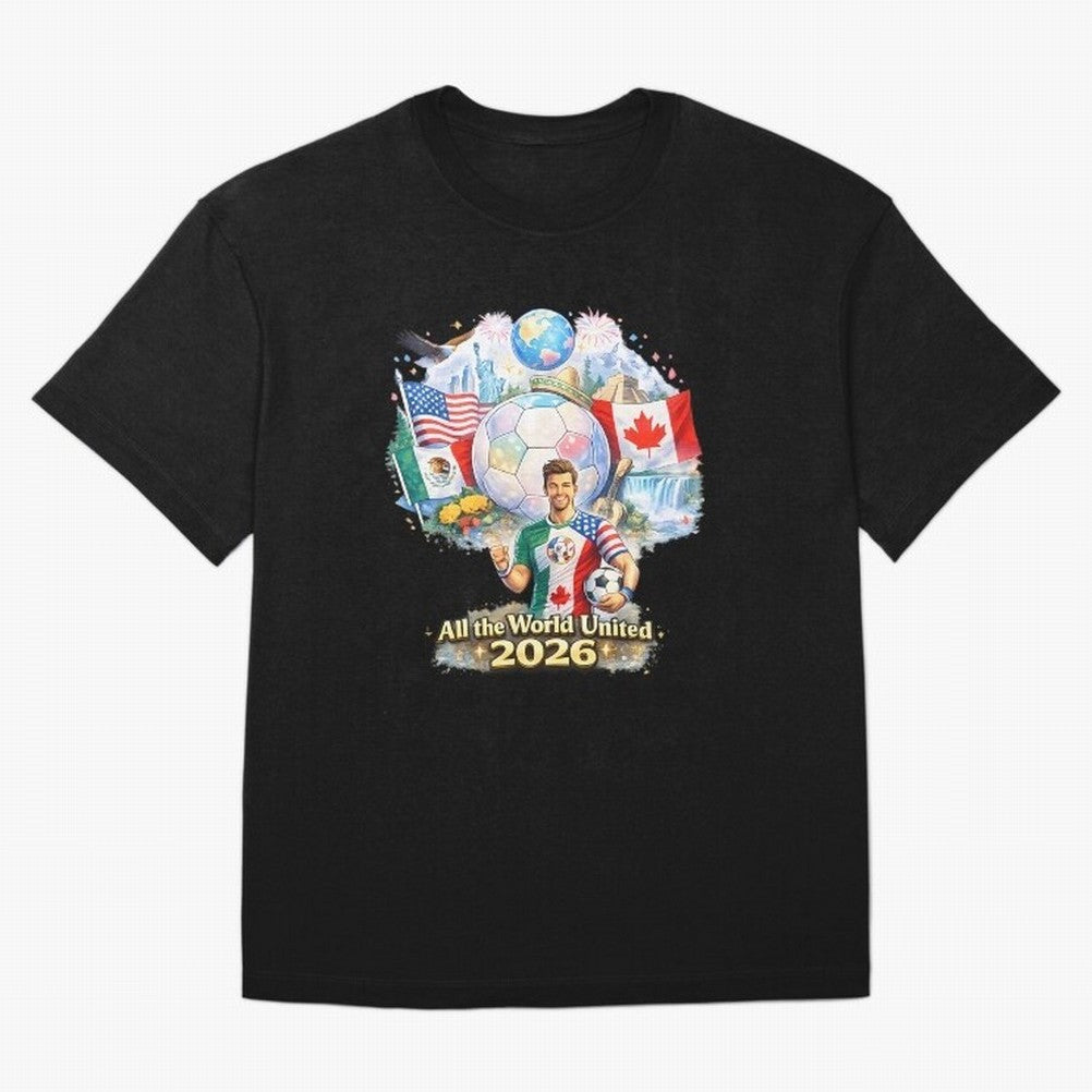 All The World United 2026 Football Classic T-Shirt Cheer for Global Football Passion for FIFA World Cup 2026 USA Canada Mexico, Centered on Messi, Neymar and Mbappe, Brazil, Portugal and Argentina, Retro Football Energy, Iconic Rivalries, Trophy