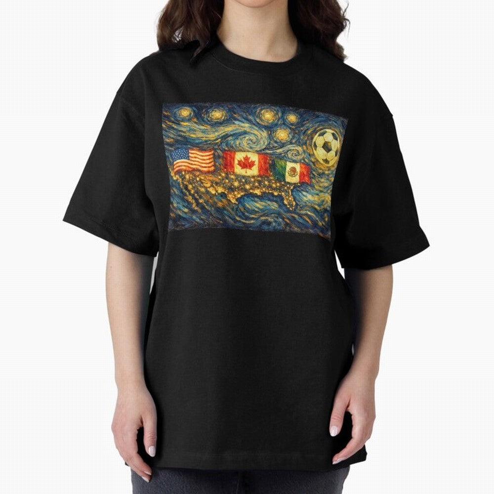 North America Soccer Starry Night Dreamy and Swirls Inspired from Van Gogh Classic T-Shirt Bring a Vintage Feel to FIFA World Cup 2026 Group Stage Centered on Mbappe, Spain Energy, Sports Nostalgia, International Competition, Famous Players and
