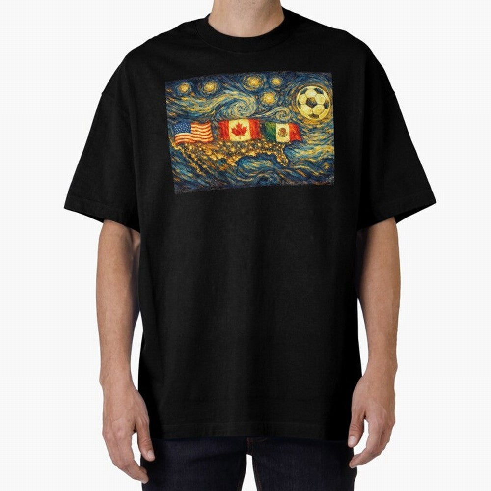 North America Soccer Starry Night Dreamy and Swirls Inspired from Van Gogh Classic T-Shirt Bring a Vintage Feel to FIFA World Cup 2026 Group Stage Centered on Mbappe, Spain Energy, Sports Nostalgia, International Competition, Famous Players and