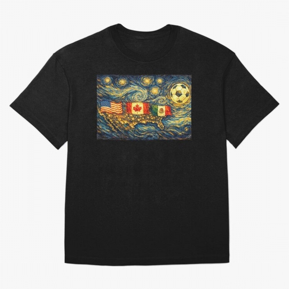 North America Soccer Starry Night Dreamy and Swirls Inspired from Van Gogh Classic T-Shirt Bring a Vintage Feel to FIFA World Cup 2026 Group Stage Centered on Mbappe, Spain Energy, Sports Nostalgia, International Competition, Famous Players and