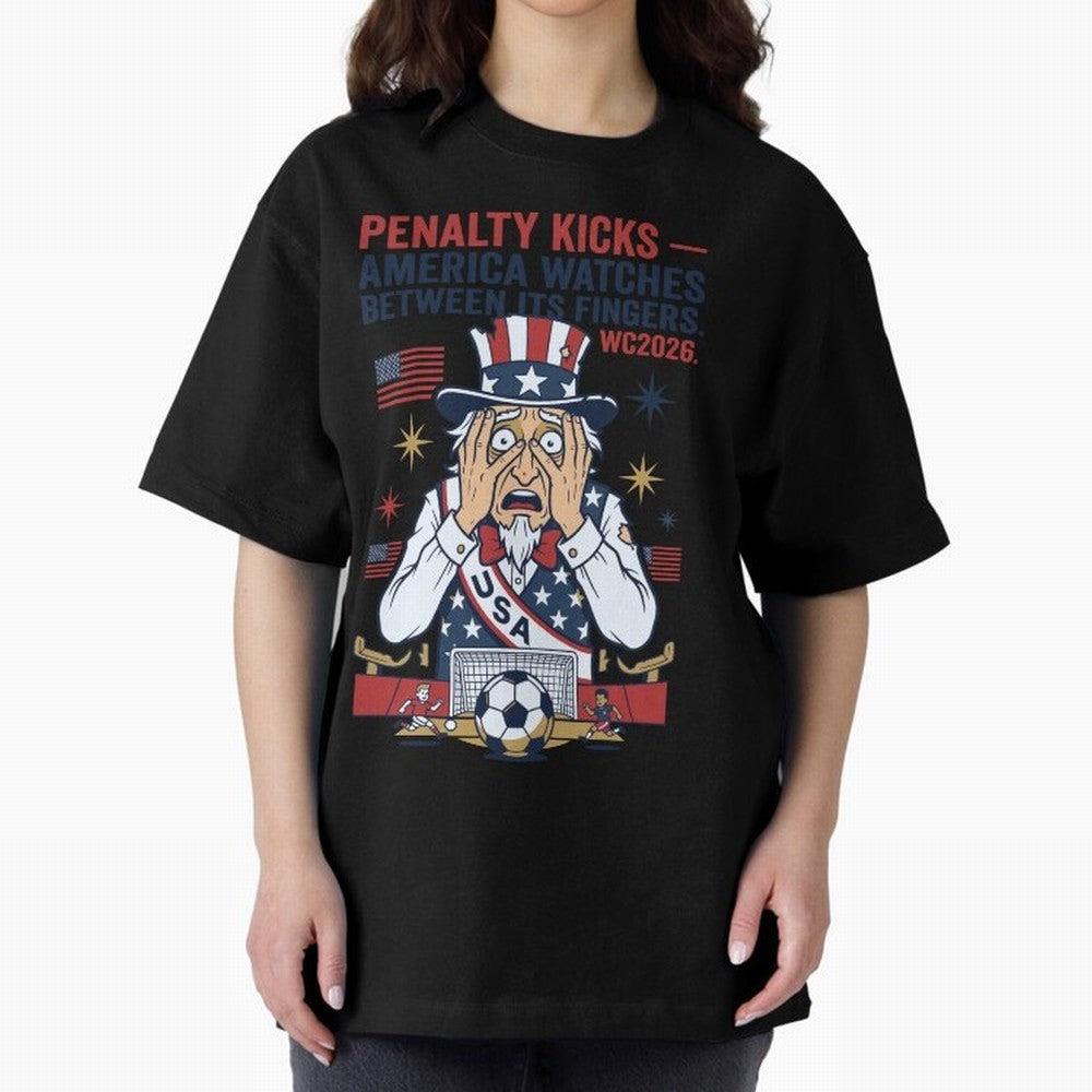 Penalty Kicks ¡ª America Watches Between Its Fingers V1 Classic T-Shirt Stand with FIFA World Cup 2026 USA Canada Mexico Driven by Mbappe, England and Germany Energy, Worldwide Fan Energy, Dramatic Goals, Stadium Lights and Championship