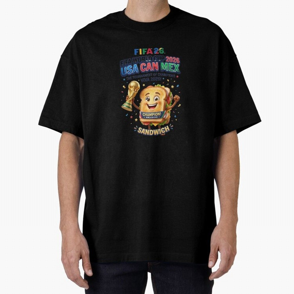 Cartoon Sandwich Champion Holding 2026 World Cup Trophy Classic T-Shirt Share Match Day Hype around FIFA World Cup 2026 Group Stage, Messi, England, France and Netherlands, Match Day Excitement, Supporter Culture, Golden Goals and Global Football