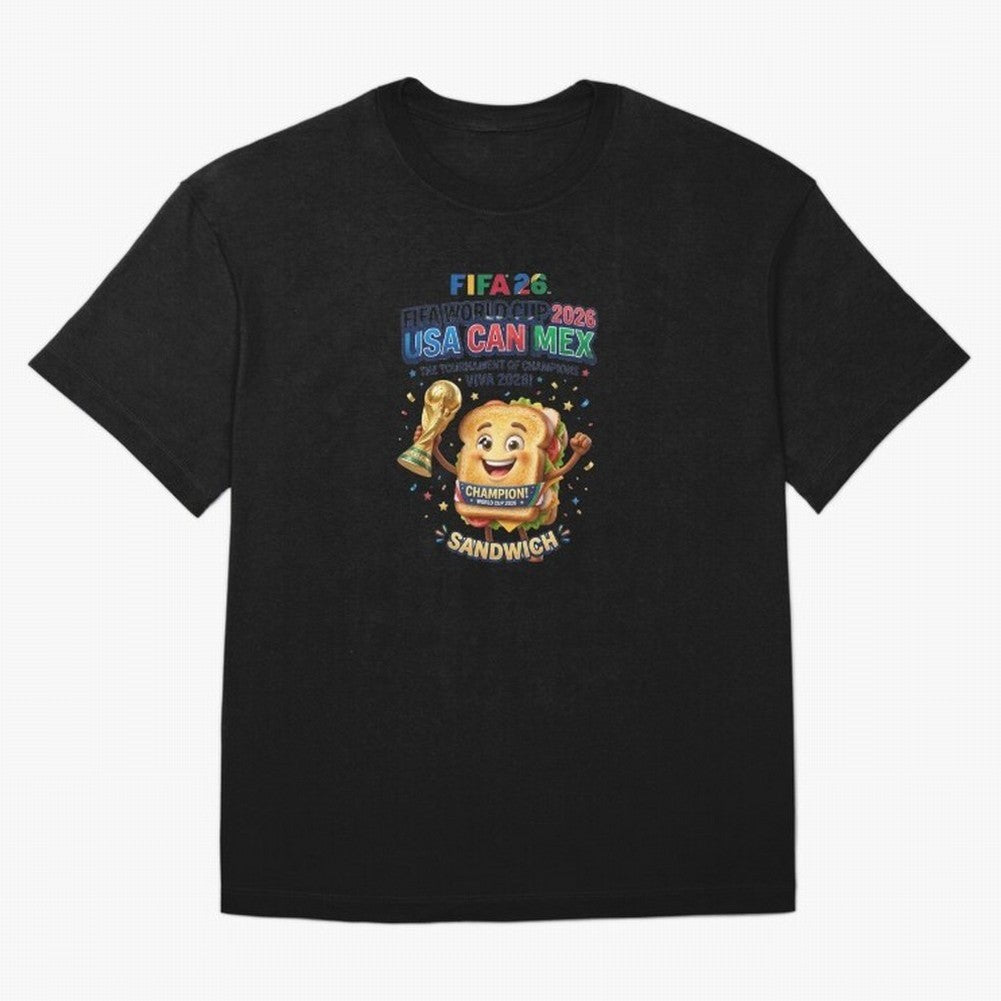 Cartoon Sandwich Champion Holding 2026 World Cup Trophy Classic T-Shirt Share Match Day Hype around FIFA World Cup 2026 Group Stage, Messi, England, France and Netherlands, Match Day Excitement, Supporter Culture, Golden Goals and Global Football
