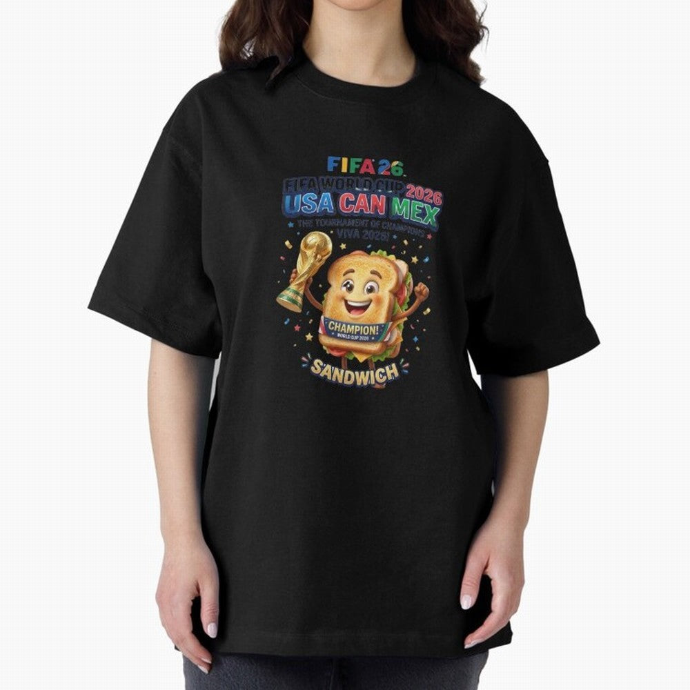 Cartoon Sandwich Champion Holding 2026 World Cup Trophy Classic T-Shirt Share Match Day Hype around FIFA World Cup 2026 Group Stage, Messi, England, France and Netherlands, Match Day Excitement, Supporter Culture, Golden Goals and Global Football