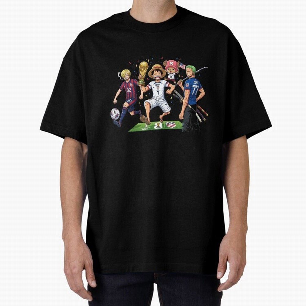 One Piece Characters Celebrating World Cup 2026 USA Classic T-Shirt Cheer through Every Moment of FIFA World Cup 2026 Group Stage Spirit, Featuring Netherlands, Messi, CR7 and Mbappe, Championship Spirit, Famous Goals, Roaring Crowds and