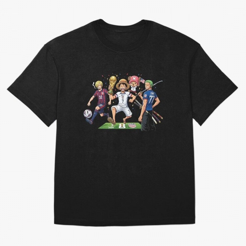 One Piece Characters Celebrating World Cup 2026 USA Classic T-Shirt Cheer through Every Moment of FIFA World Cup 2026 Group Stage Spirit, Featuring Netherlands, Messi, CR7 and Mbappe, Championship Spirit, Famous Goals, Roaring Crowds and