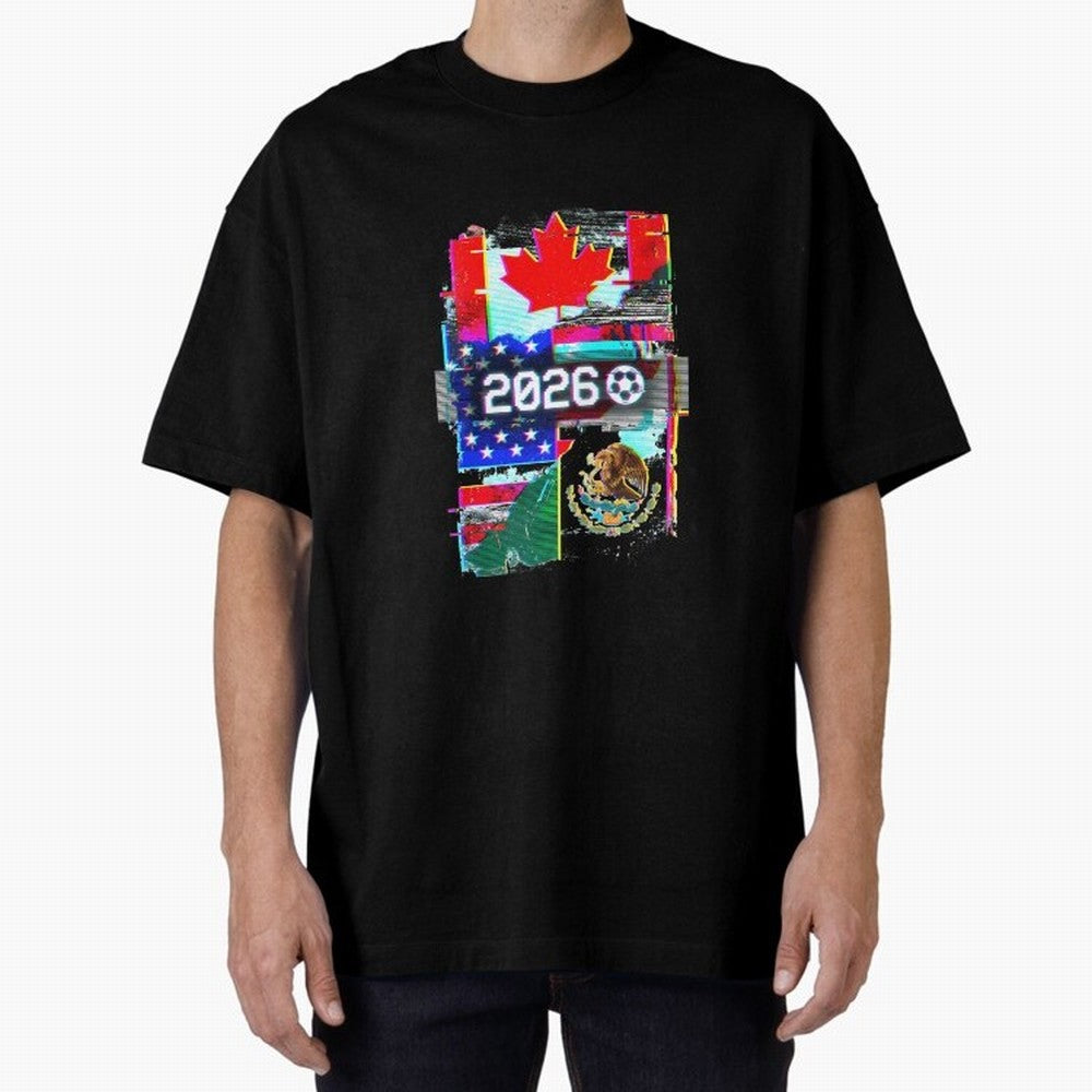 Glitched United 2026 - North America Tournament Emblem Oversized T-Shirt Celebrate the Biggest Stage of the FIFA World Cup 2026 USA Canada Mexico Journey through Mbappe and Neymar Highlights, Portugal Pride, Championship Spirit, Famous Goals,