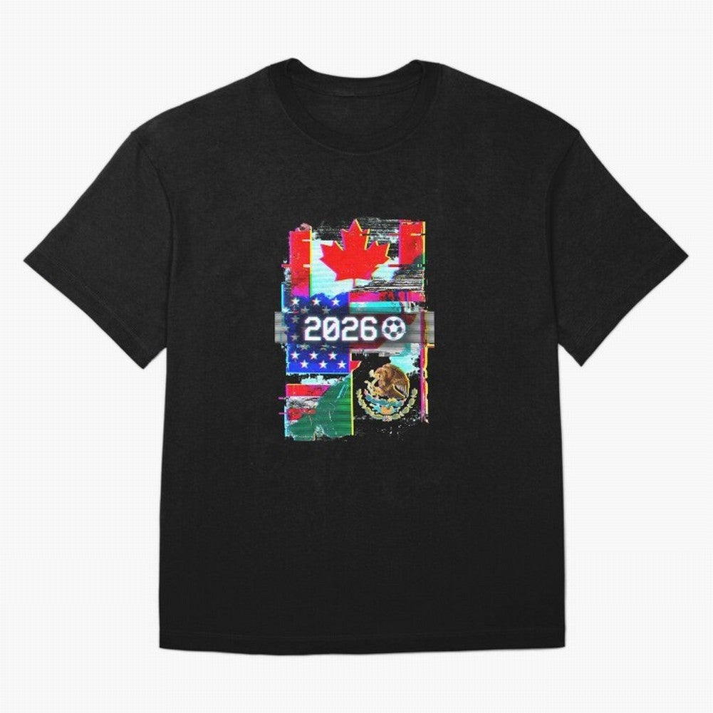 Glitched United 2026 - North America Tournament Emblem Oversized T-Shirt Celebrate the Biggest Stage of the FIFA World Cup 2026 USA Canada Mexico Journey through Mbappe and Neymar Highlights, Portugal Pride, Championship Spirit, Famous Goals,