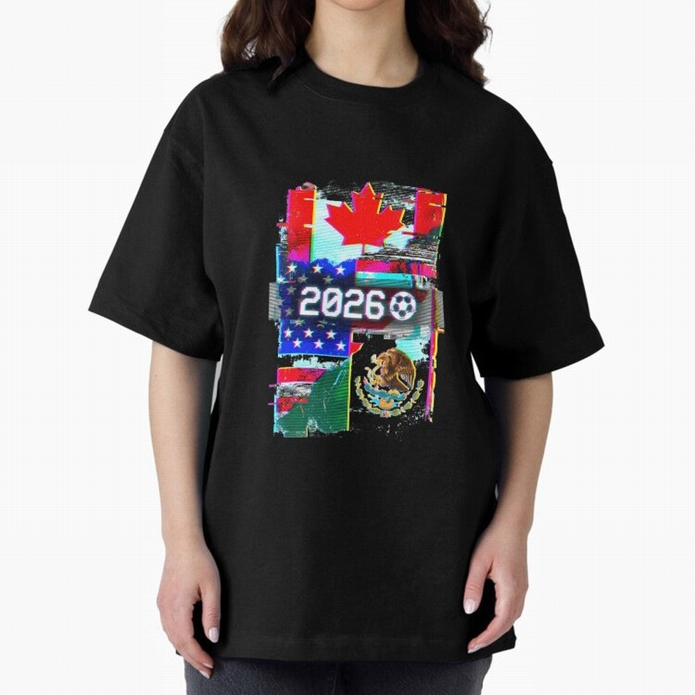 Glitched United 2026 - North America Tournament Emblem Oversized T-Shirt Celebrate the Biggest Stage of the FIFA World Cup 2026 USA Canada Mexico Journey through Mbappe and Neymar Highlights, Portugal Pride, Championship Spirit, Famous Goals,