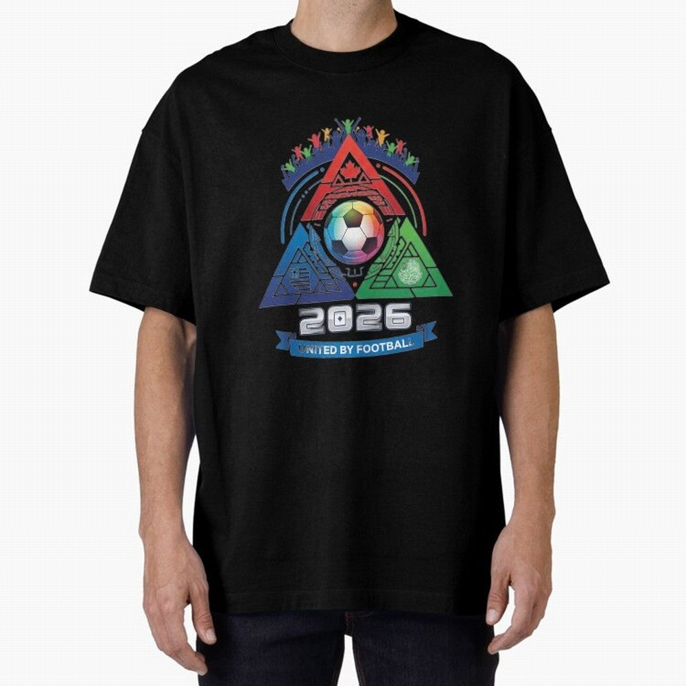 Triangular United By Football World Cup 2026 Emblem Oversized T-Shirt Follow Every Goal of Match Day Hype around FIFA World Cup 2026 Group Stage, Haaland and Mbappe, Brazil, Portugal and Argentina, Tournament Hype, Historic Matchups, Family Viewing
