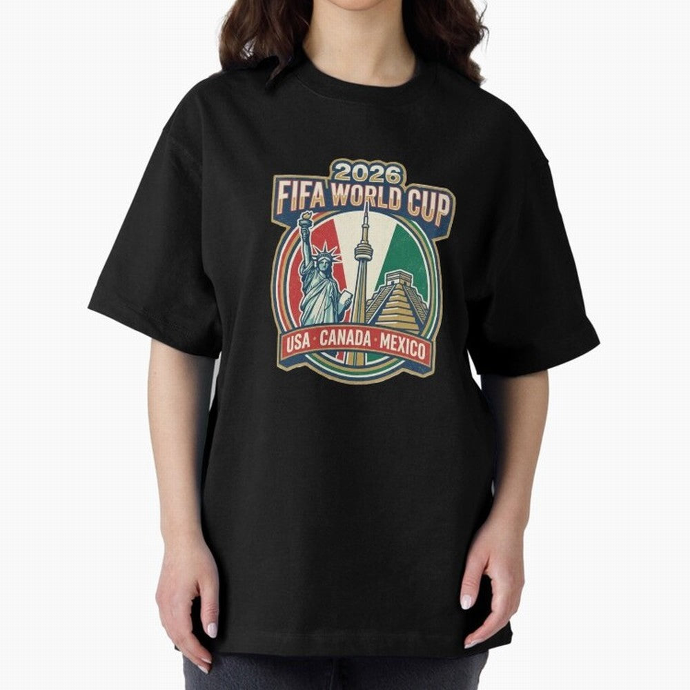 North America United Soccer 2026 Vintage Crest Oversized T-Shirt Carry National Pride through Match Day Hype around FIFA World Cup 2026, Messi and Cristiano Ronaldo, France, Championship Spirit, Famous Goals, Roaring Crowds and International