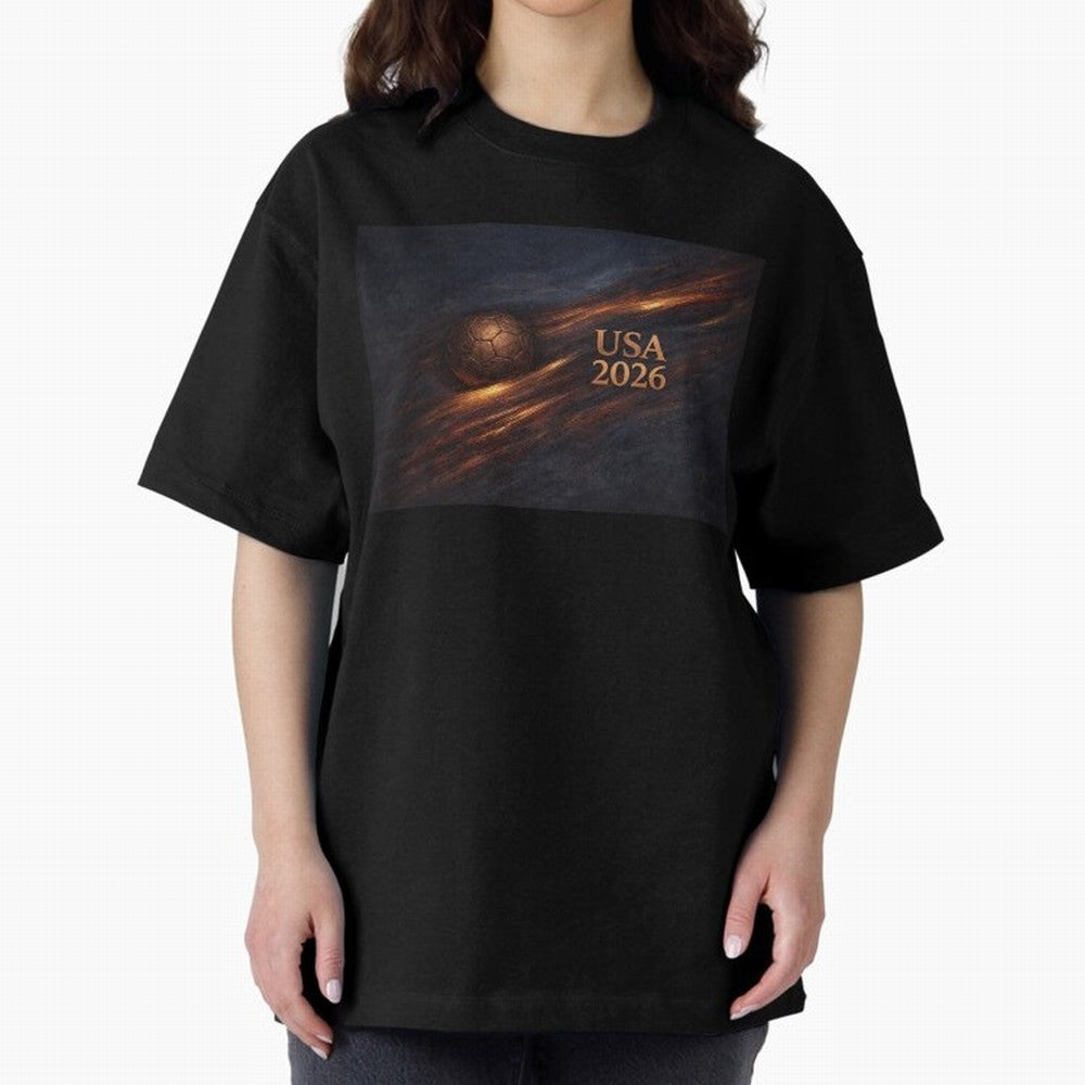 Soccer Ball with USA 2026 Inspired Oversized T-Shirt Celebrate the Magic of Global Football Passion for FIFA World Cup 2026 Group Stage, Centered on Neymar, Netherlands, Game Day Rituals, Football Legends, Country Pride and the Road to the Final;