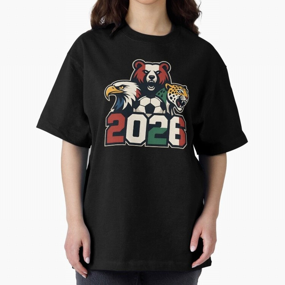 World Cup 2026 USA Canada Mexico Host Mascots Oversized T-Shirt Relive the Noise and Pride of Global Football Passion for FIFA World Cup 2026 USA Canada Mexico, Filled with CR7, Brazil, Portugal and Argentina, Stadium Chants, National Pride, Trophy