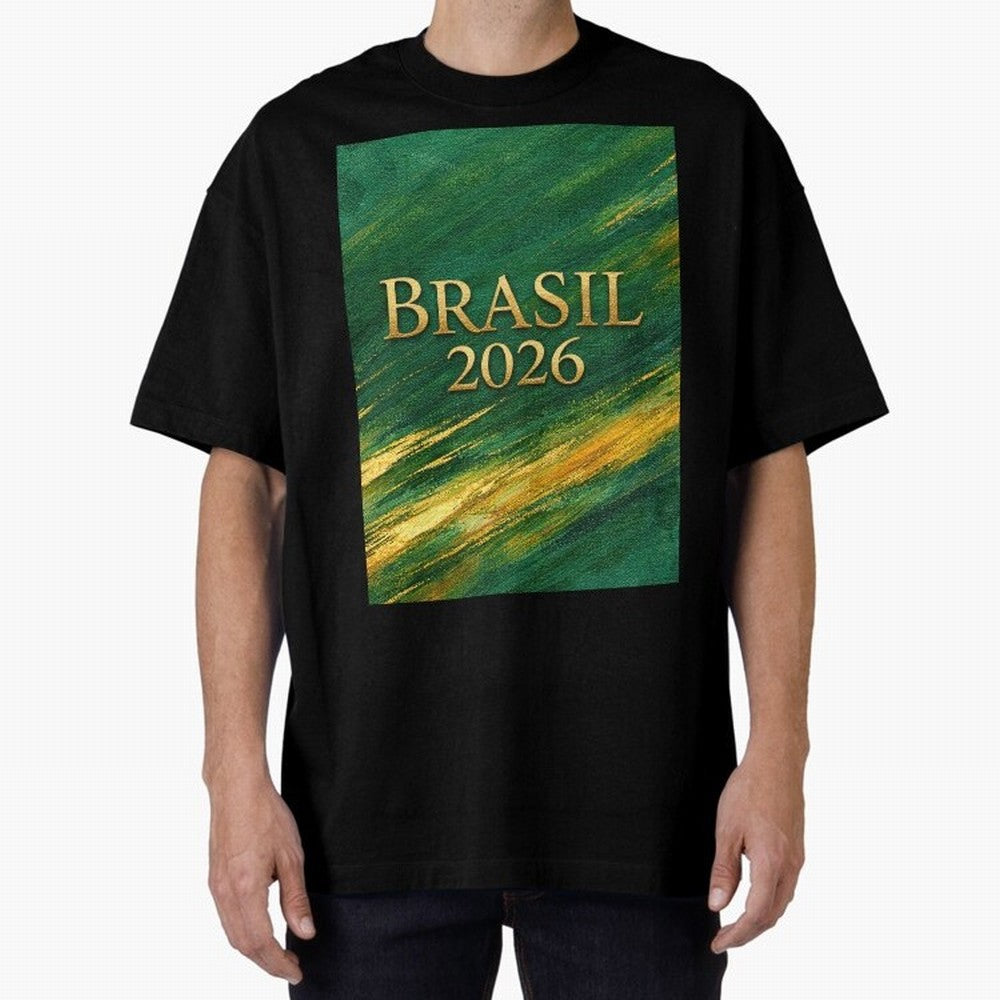 Brasil 2026 Gold Soccer Theme Oversized T-Shirt Feel the Trophy Chase of Global Football Passion for FIFA World Cup 2026 Group Stage, Filled with Messi, Neymar and Mbappe, England, France and Netherlands, Football History, Final Match Energy, Crowd