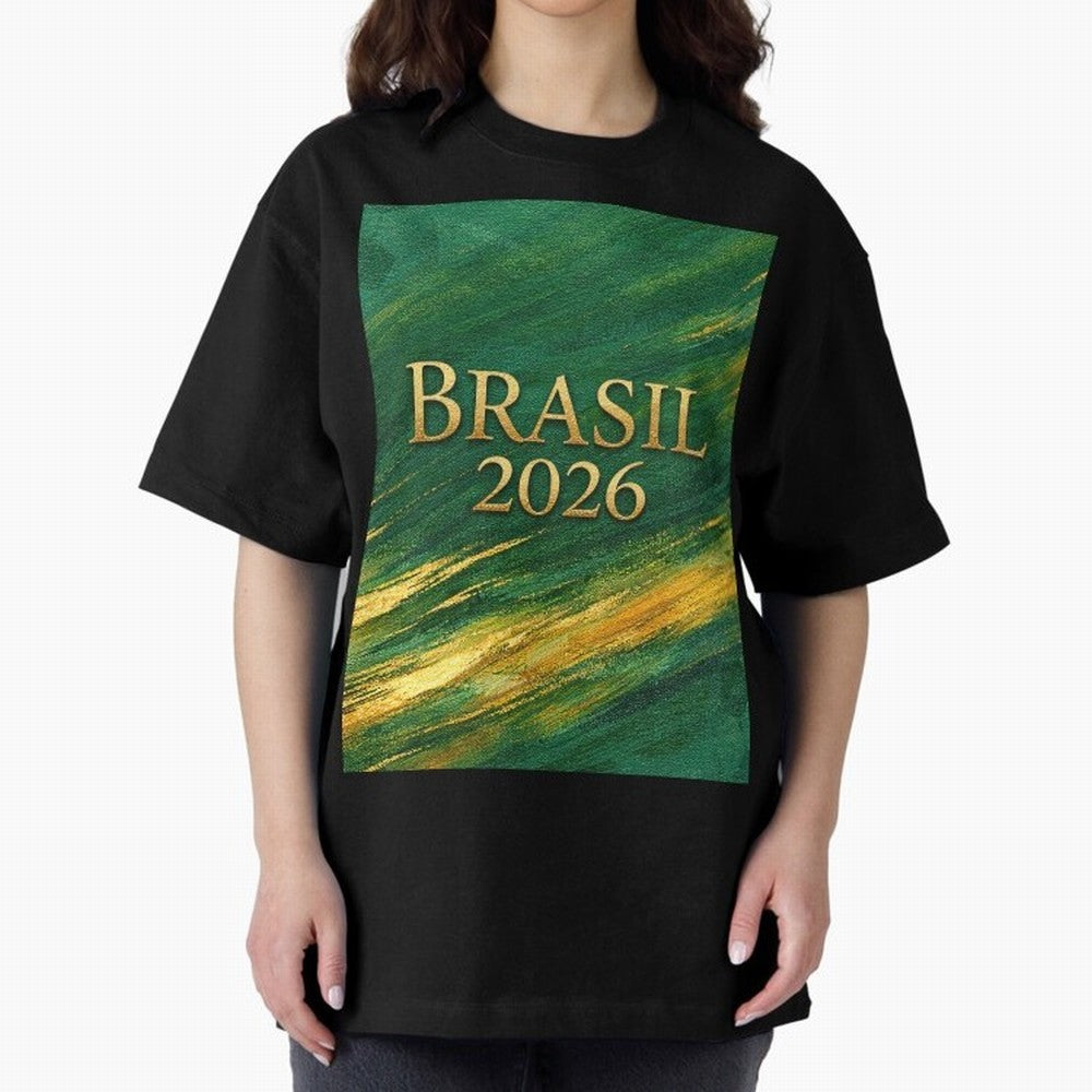 Brasil 2026 Gold Soccer Theme Oversized T-Shirt Feel the Trophy Chase of Global Football Passion for FIFA World Cup 2026 Group Stage, Filled with Messi, Neymar and Mbappe, England, France and Netherlands, Football History, Final Match Energy, Crowd