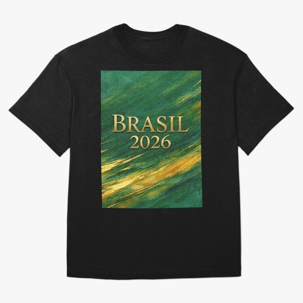 Brasil 2026 Gold Soccer Theme Oversized T-Shirt Feel the Trophy Chase of Global Football Passion for FIFA World Cup 2026 Group Stage, Filled with Messi, Neymar and Mbappe, England, France and Netherlands, Football History, Final Match Energy, Crowd